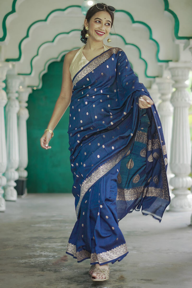 Glowing Blue Linen Silk Saree With Snappy Blouse Piece