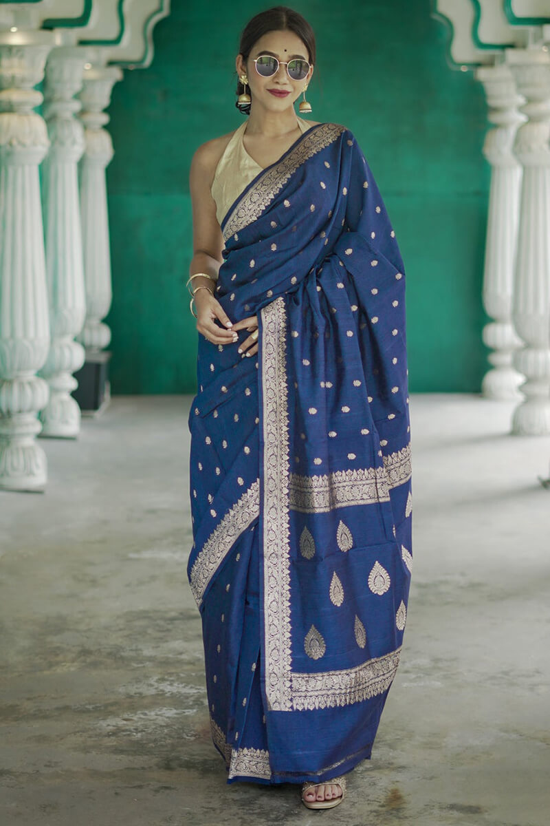 Glowing Blue Linen Silk Saree With Snappy Blouse Piece