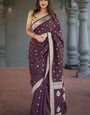 Gratifying Wine Linen Silk Saree With Ethereal Blouse Piece