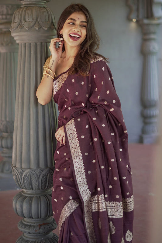 Gratifying Wine Linen Silk Saree With Ethereal Blouse Piece
