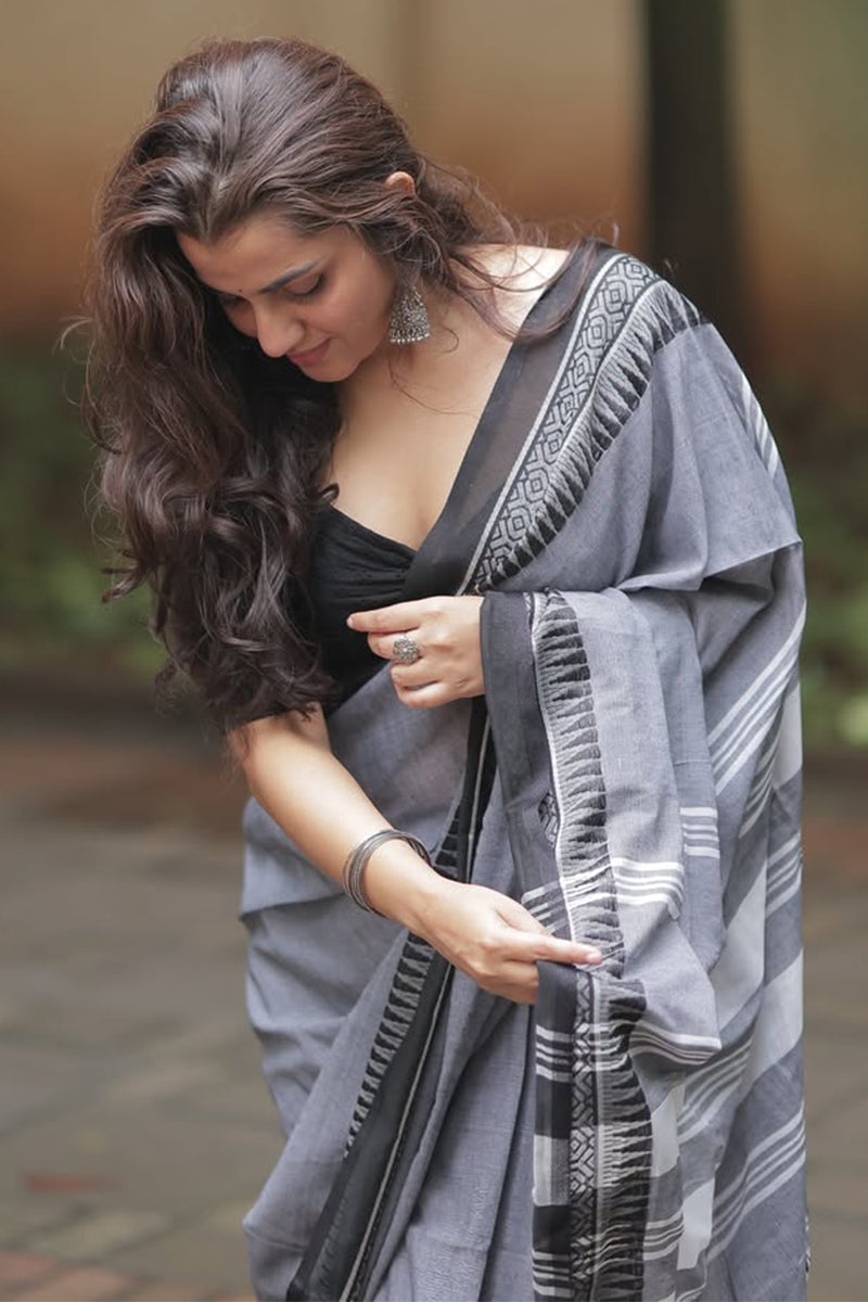 Glamorous Grey Cotton Silk Saree With Chatoyant Blouse Piece