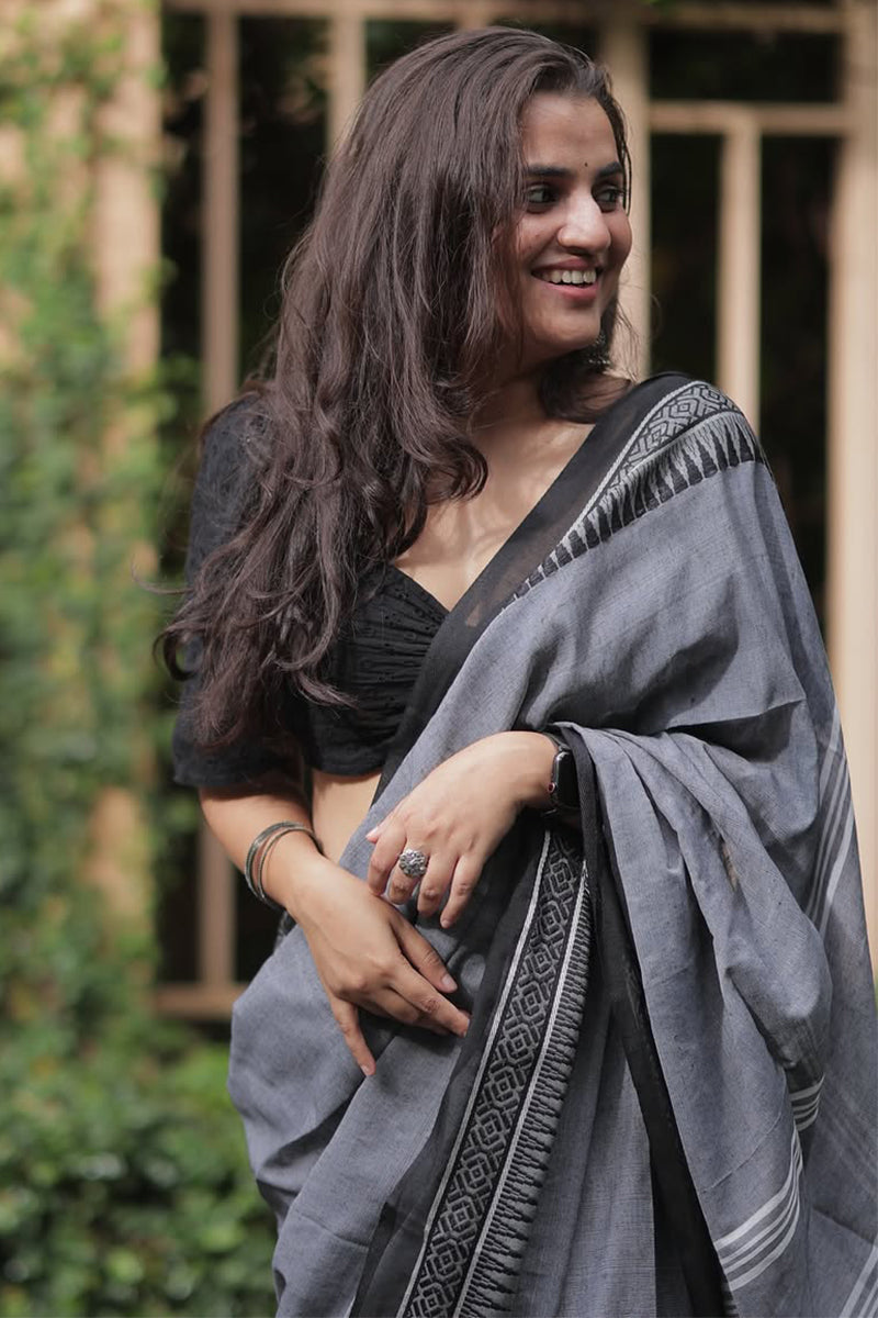 Glamorous Grey Cotton Silk Saree With Chatoyant Blouse Piece