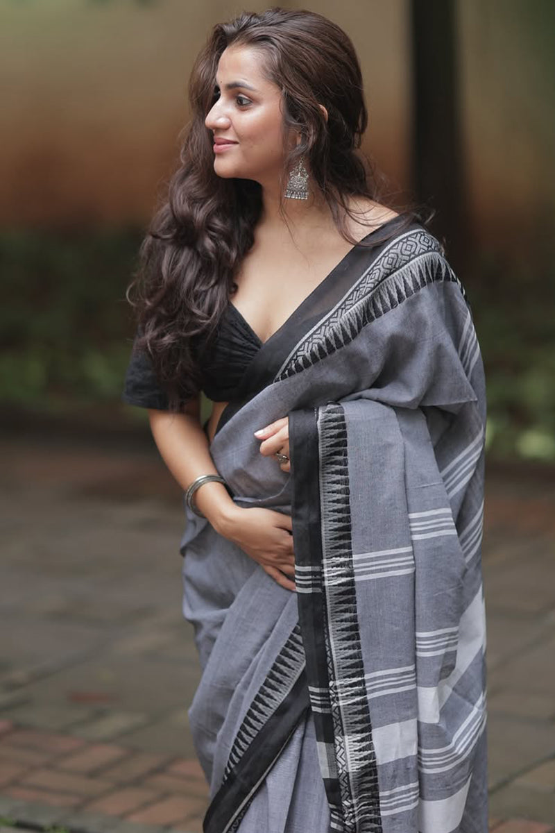 Glamorous Grey Cotton Silk Saree With Chatoyant Blouse Piece