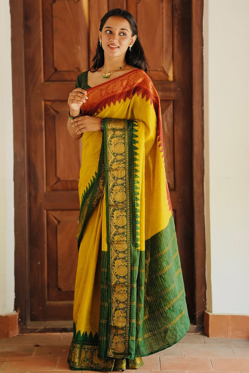 Lagniappe Yellow Soft Silk Saree With Efflorescence Blouse Piece