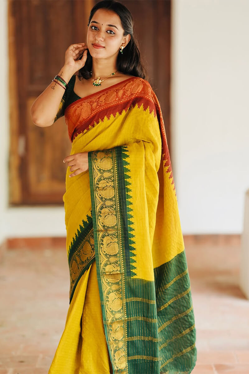Lagniappe Yellow Soft Silk Saree With Efflorescence Blouse Piece