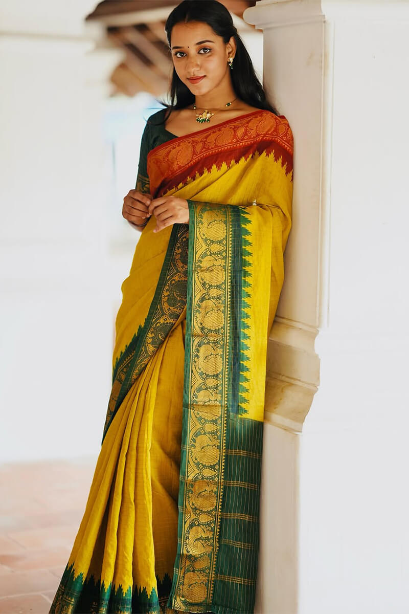 Lagniappe Yellow Soft Silk Saree With Efflorescence Blouse Piece