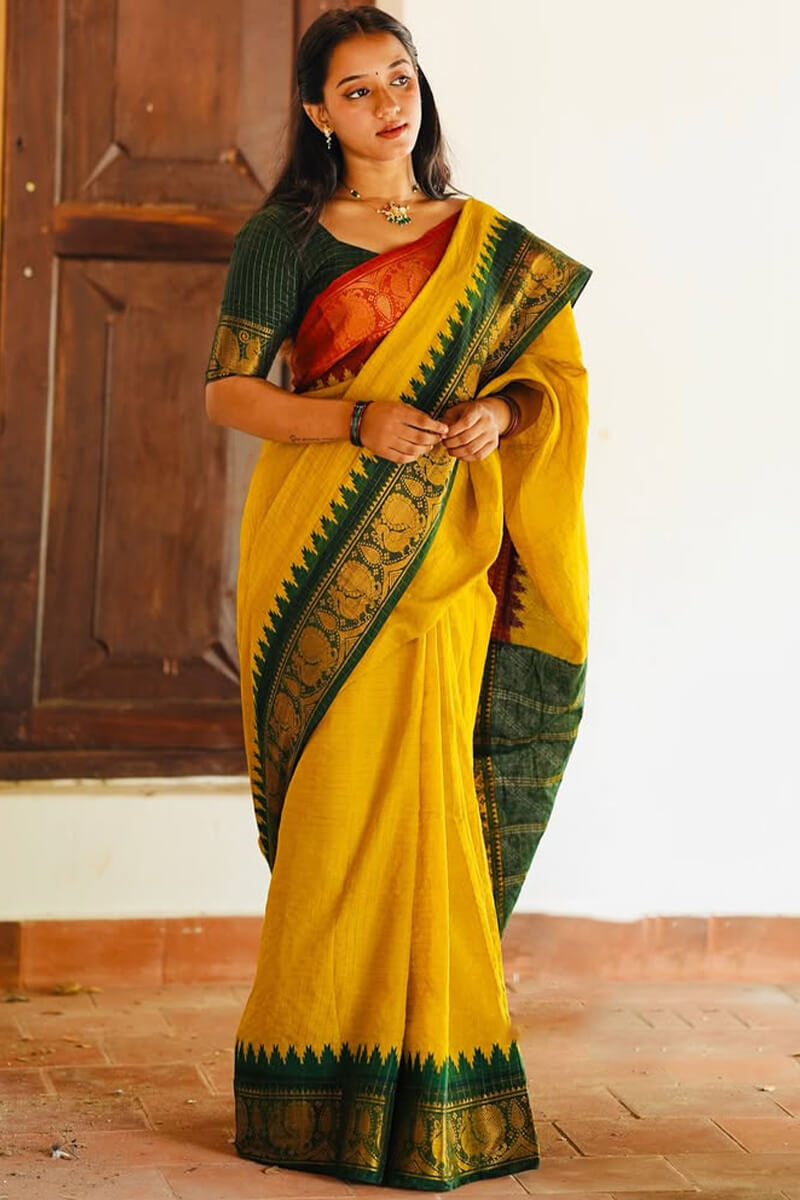 Lagniappe Yellow Soft Silk Saree With Efflorescence Blouse Piece