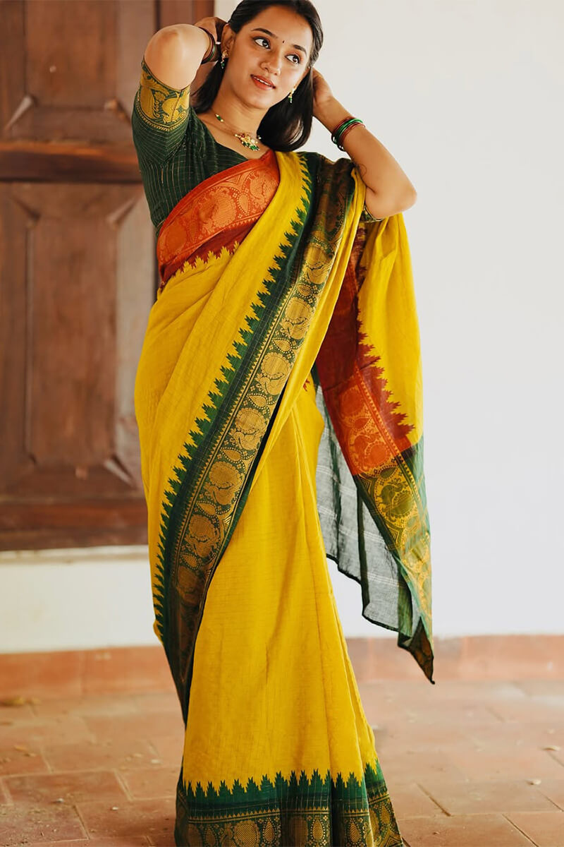Lagniappe Yellow Soft Silk Saree With Efflorescence Blouse Piece