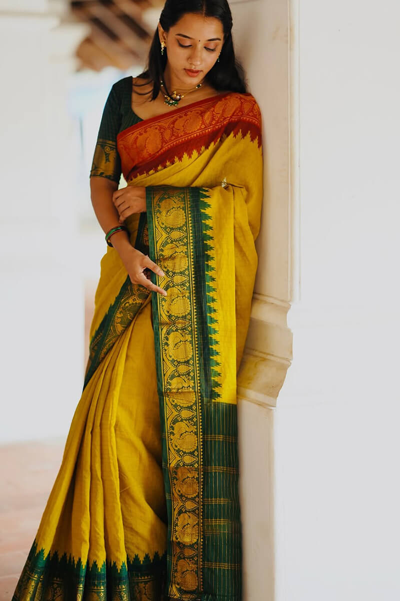 Lagniappe Yellow Soft Silk Saree With Efflorescence Blouse Piece