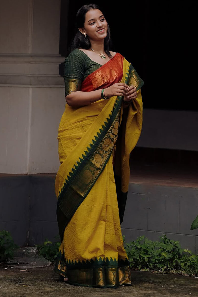 Lagniappe Yellow Soft Silk Saree With Efflorescence Blouse Piece