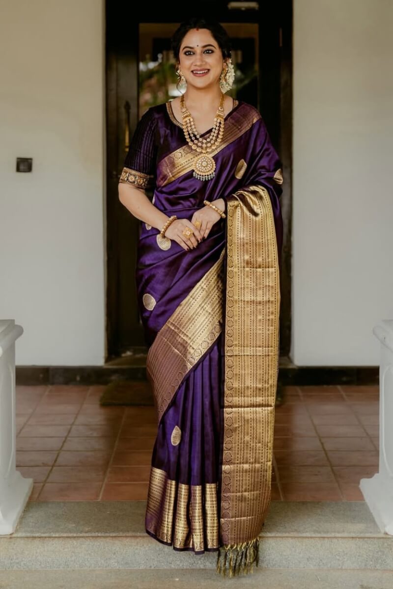 Admirable Purple Soft Banarasi Silk Saree With Embellished Blouse Piece