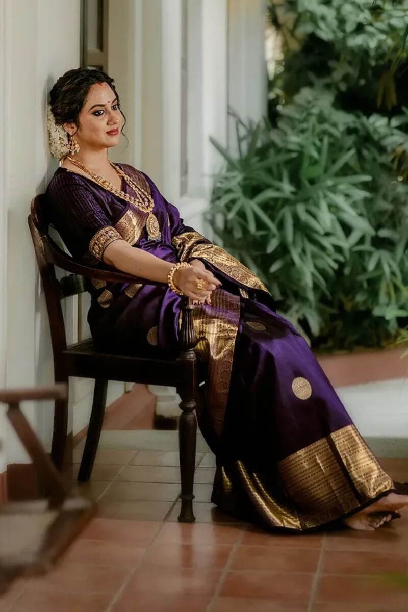 Admirable Purple Soft Banarasi Silk Saree With Embellished Blouse Piece