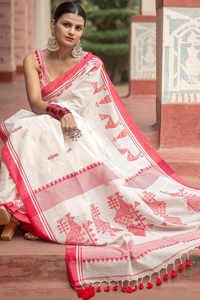 Proficient Off White Cotton Silk Saree With Nebula Blouse Piece
