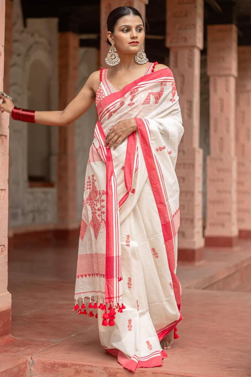 Proficient Off White Cotton Silk Saree With Nebula Blouse Piece
