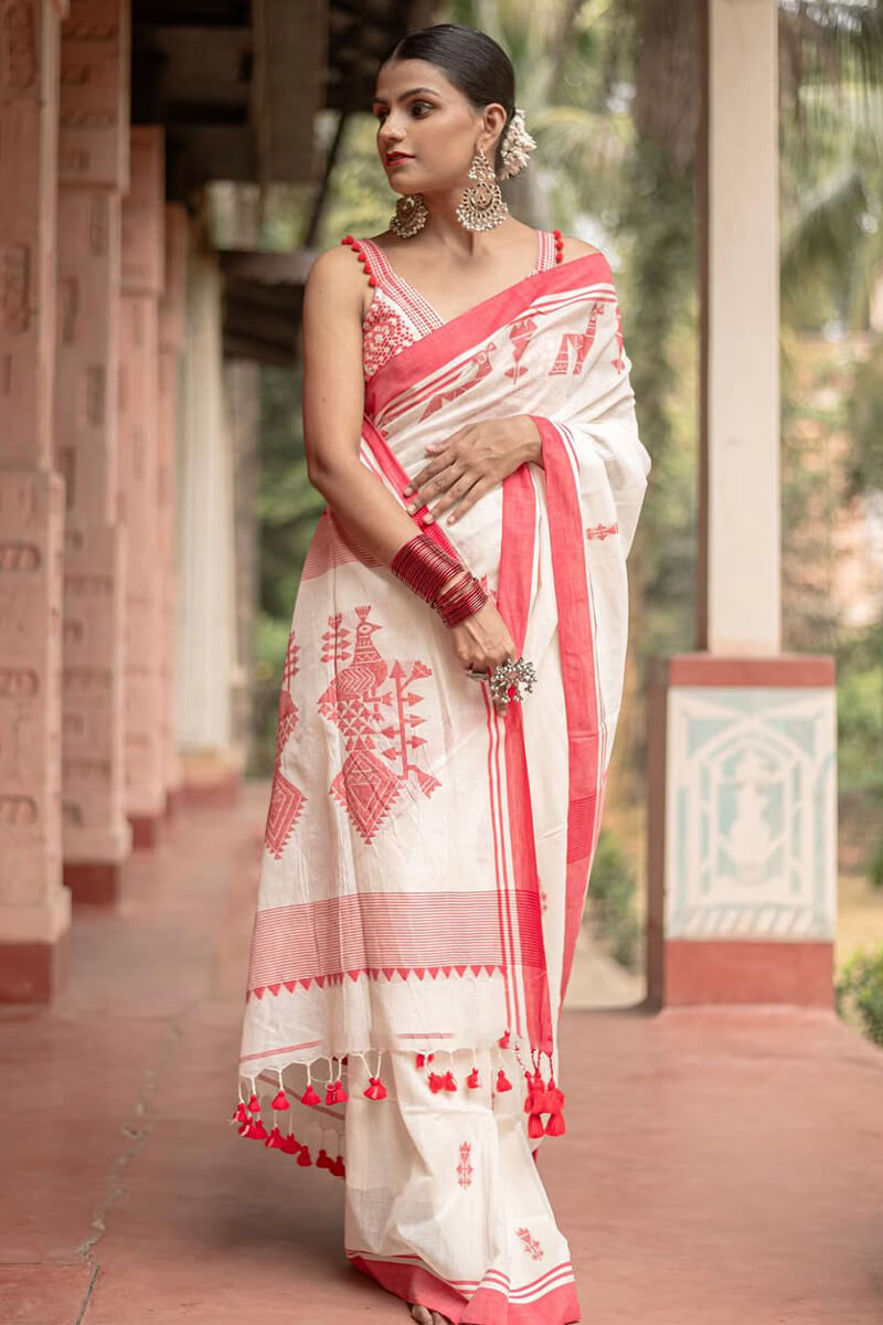 Proficient Off White Cotton Silk Saree With Nebula Blouse Piece