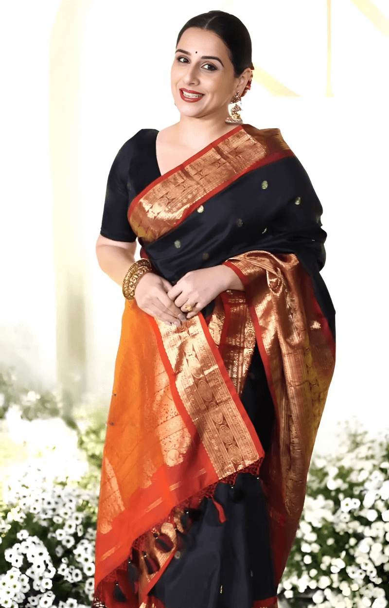 Zephyr Black Soft Banarasi Silk Saree With Divine Blouse Piece