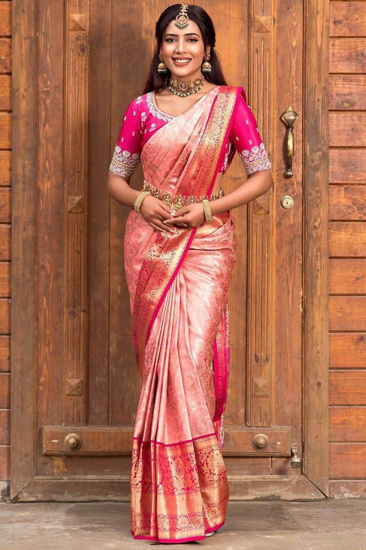 Marvellous Peach Soft Silk Saree With Winsome Blouse Piece
