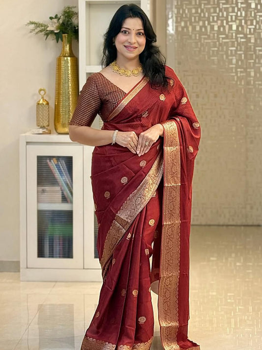 Glittering Maroon Soft Silk Saree With Panache Blouse Piece