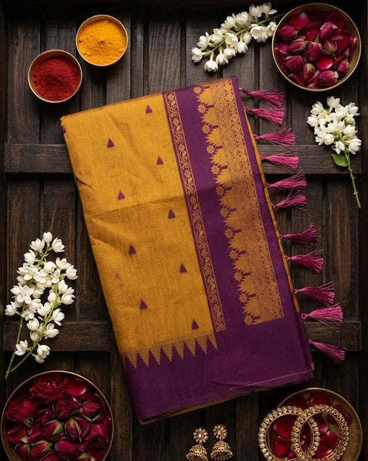 Impressive Mustard Cotton Silk Saree With Eloquence Blouse Piece
