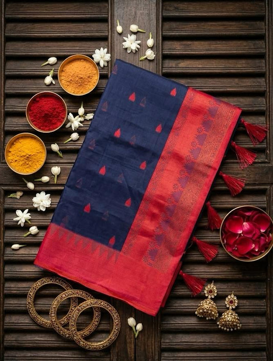 Girlish Navy Blue Cotton Silk Saree With Improbable Blouse Piece