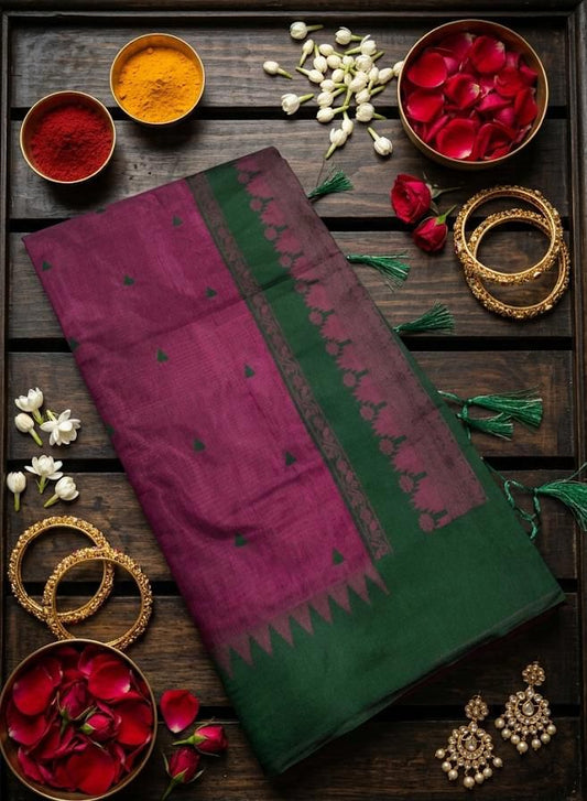 Denouement Wine Cotton Silk Saree With Radiant Blouse Piece