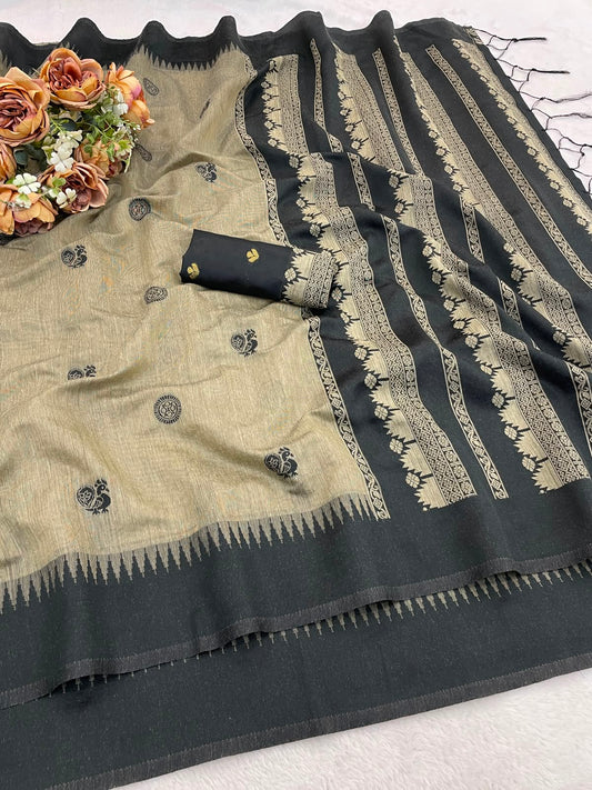 Dissemble Beige Cotton Silk Saree With Blooming Blouse Piece