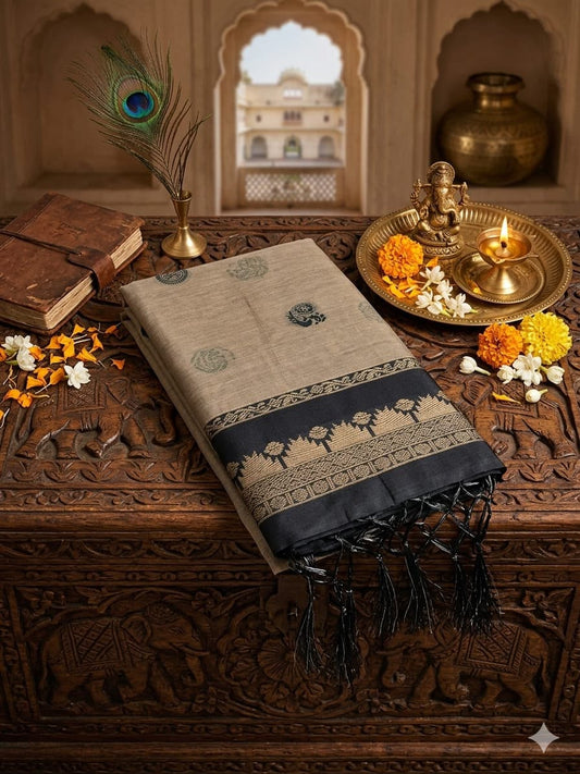 Dissemble Beige Cotton Silk Saree With Blooming Blouse Piece