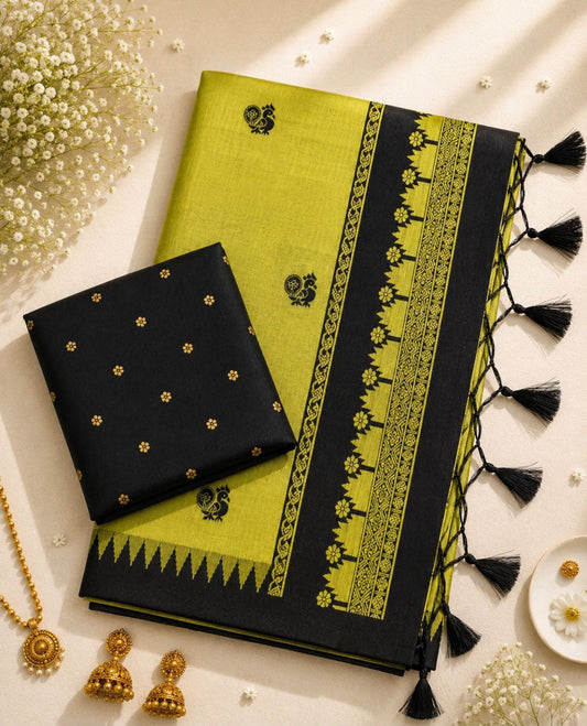 Beauteous Green Cotton Silk Saree With Woebegone Blouse Piece