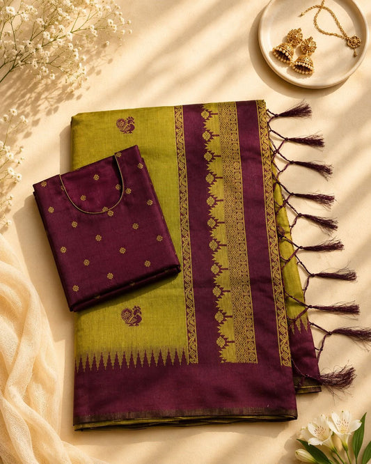 Engrossing Green Cotton Silk Saree With Demesne Blouse Piece