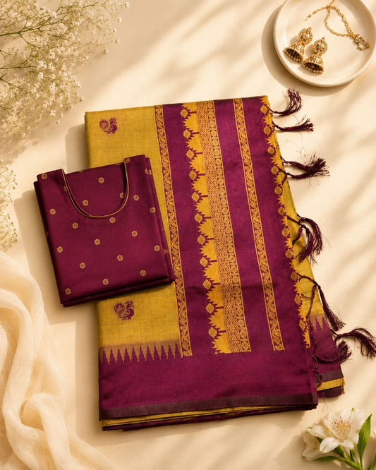 Girlish Mustard Cotton Silk Saree With Skinny Blouse Piece