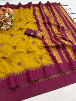 Girlish Mustard Cotton Silk Saree With Skinny Blouse Piece