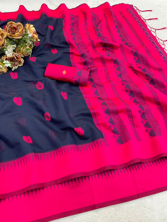 Charming Navy Blue Cotton Silk Saree With Admirable Blouse Piece