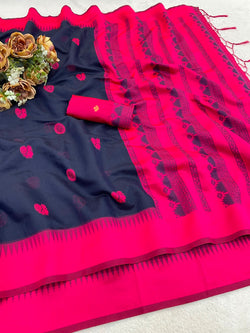 Charming Navy Blue Cotton Silk Saree With Admirable Blouse Piece