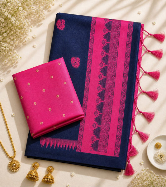 Charming Navy Blue Cotton Silk Saree With Admirable Blouse Piece