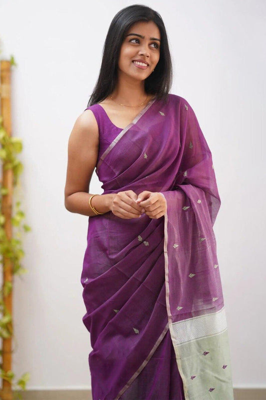 Desirable Purple Cotton Silk Saree With Grandiose Blouse Piece