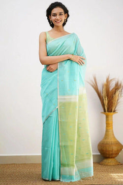 Divine Sea Green Cotton Silk Saree With Engaging Blouse Piece