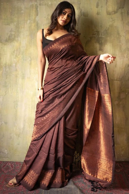 Girlish Brown Soft Silk Saree With Breathtaking Blouse Piece