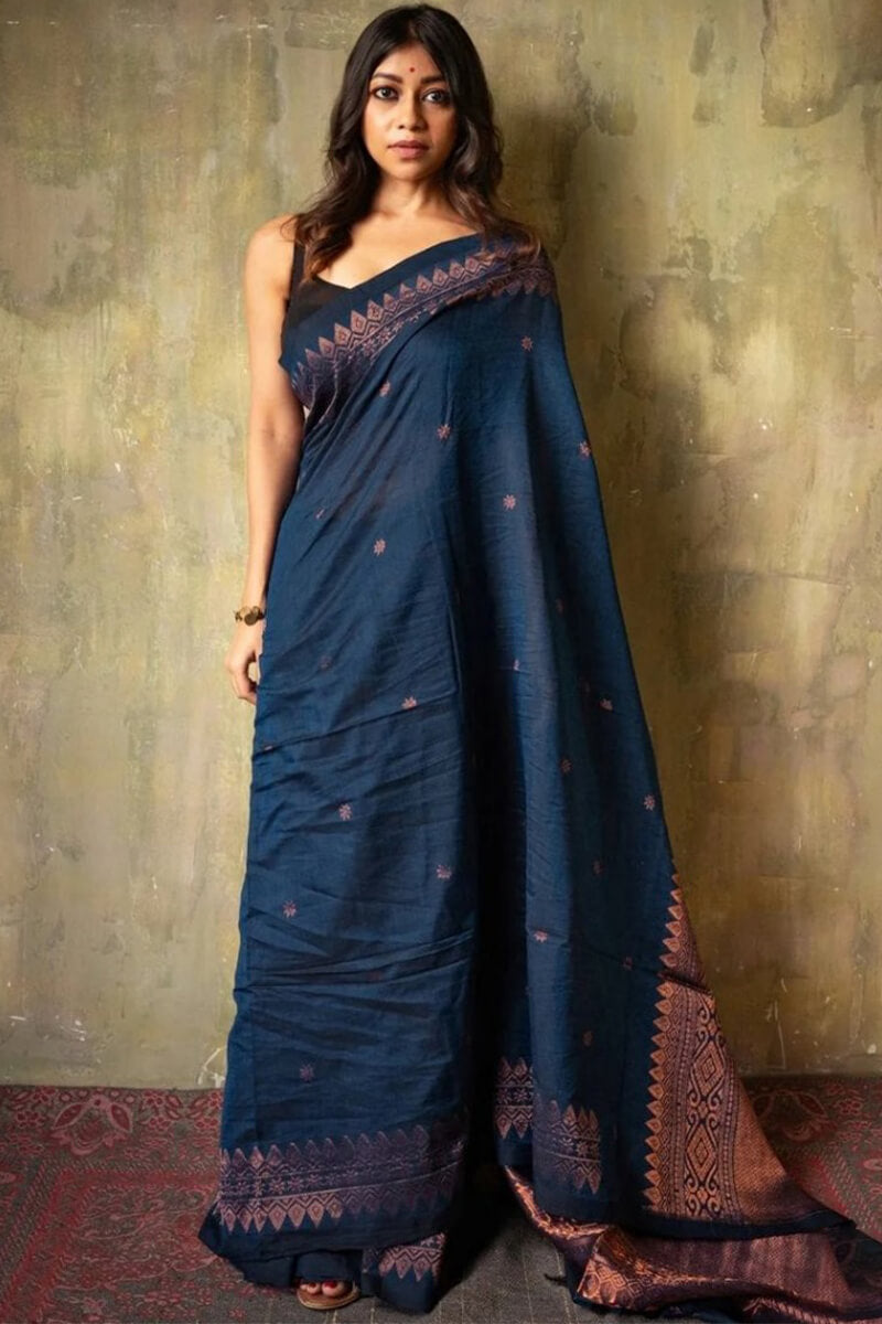 Classic Navy Blue Soft Silk Saree With Ideal Blouse Pieced