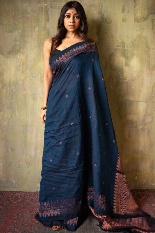 Classic Navy Blue Soft Silk Saree With Ideal Blouse Pieced