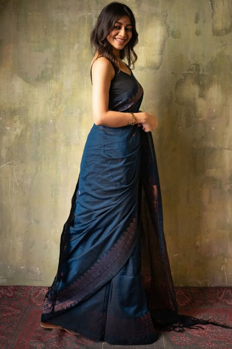 Classic Navy Blue Soft Silk Saree With Ideal Blouse Pieced