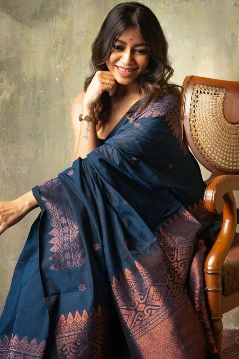 Classic Navy Blue Soft Silk Saree With Ideal Blouse Pieced