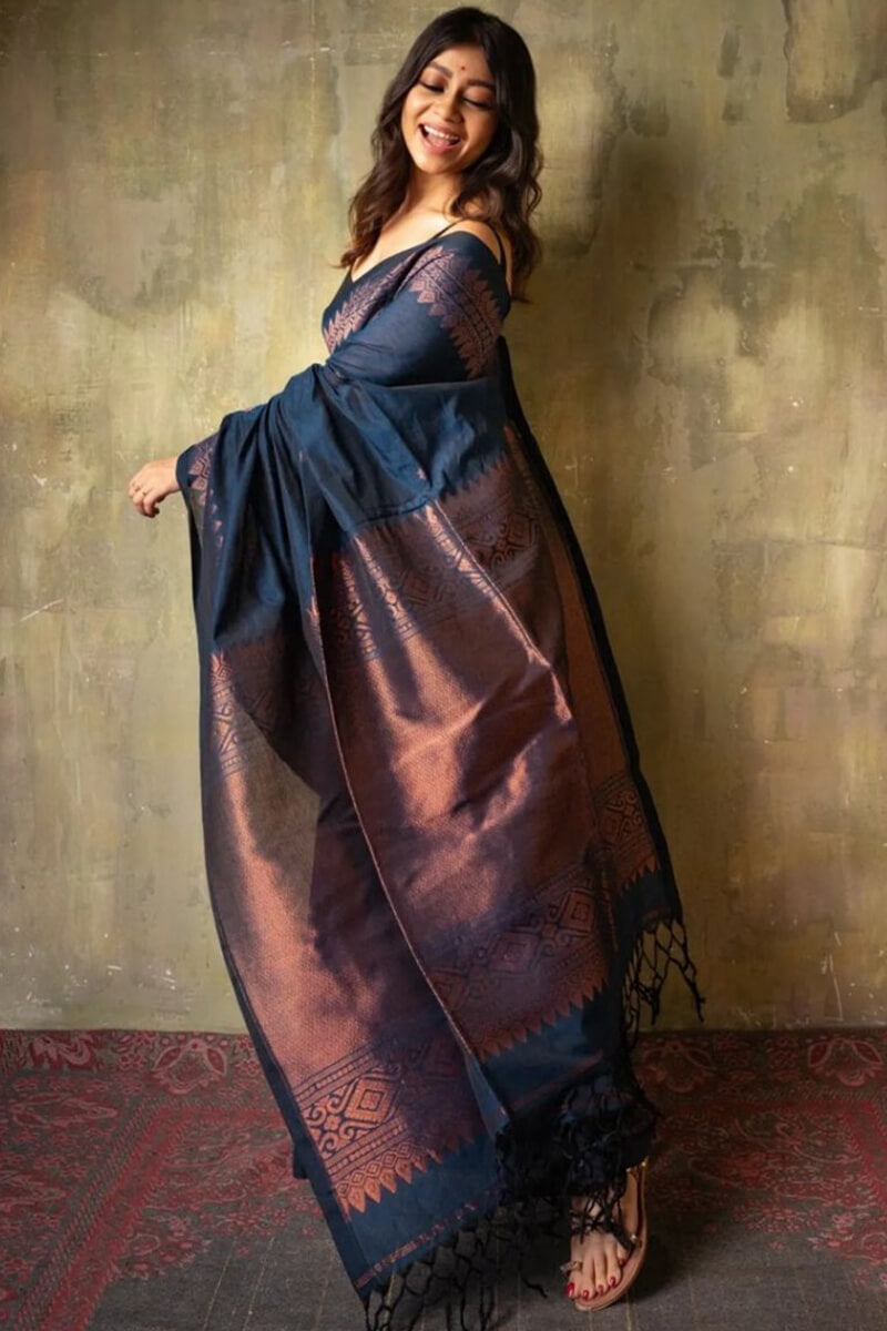 Classic Navy Blue Soft Silk Saree With Ideal Blouse Pieced