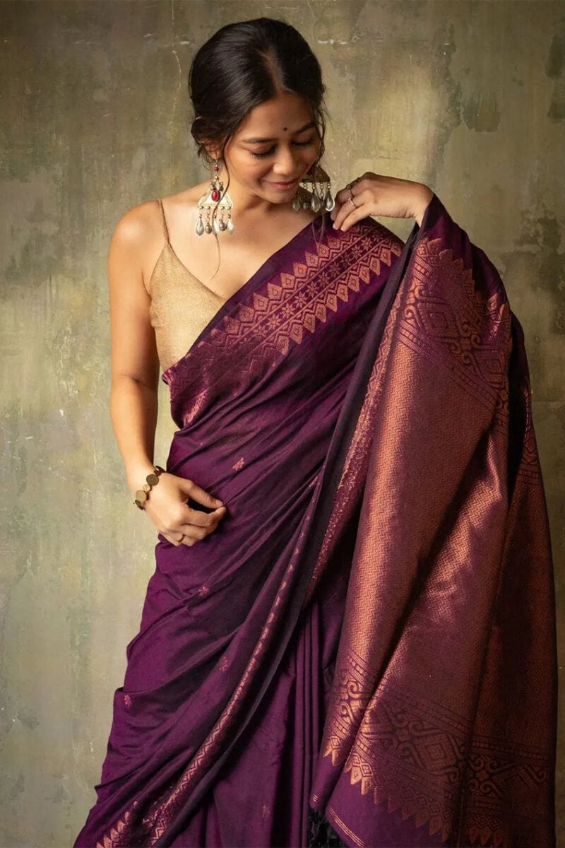 Brood Purple Soft Silk Saree With Demesne  Blouse Piece