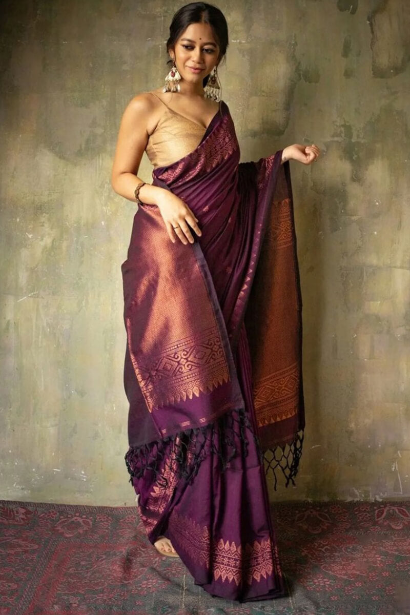Brood Purple Soft Silk Saree With Demesne  Blouse Piece
