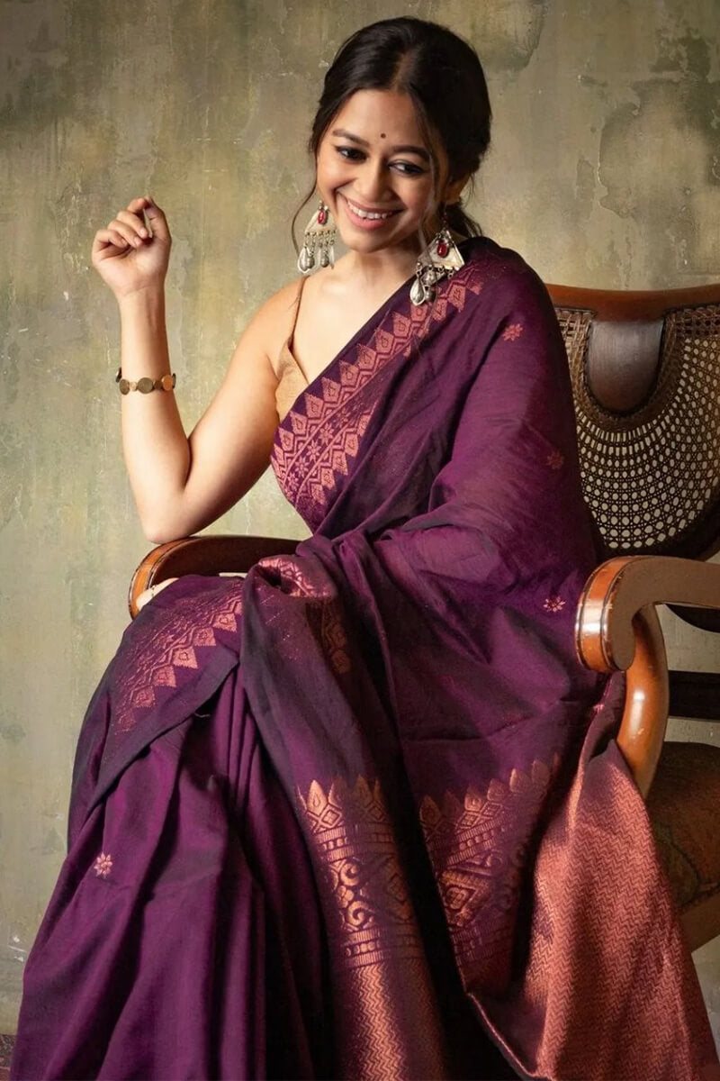 Brood Purple Soft Silk Saree With Demesne  Blouse Piece