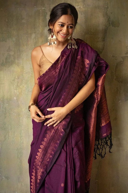 Brood Purple Soft Silk Saree With Demesne  Blouse Piece