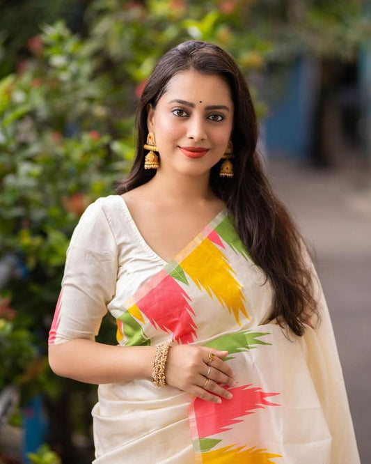 Glamorous Off White Soft Silk Saree With Desiring Blouse Piece