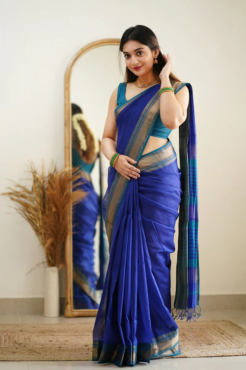 Embrocation Blue Cotton Silk Saree With Ratatouille Blouse Piece