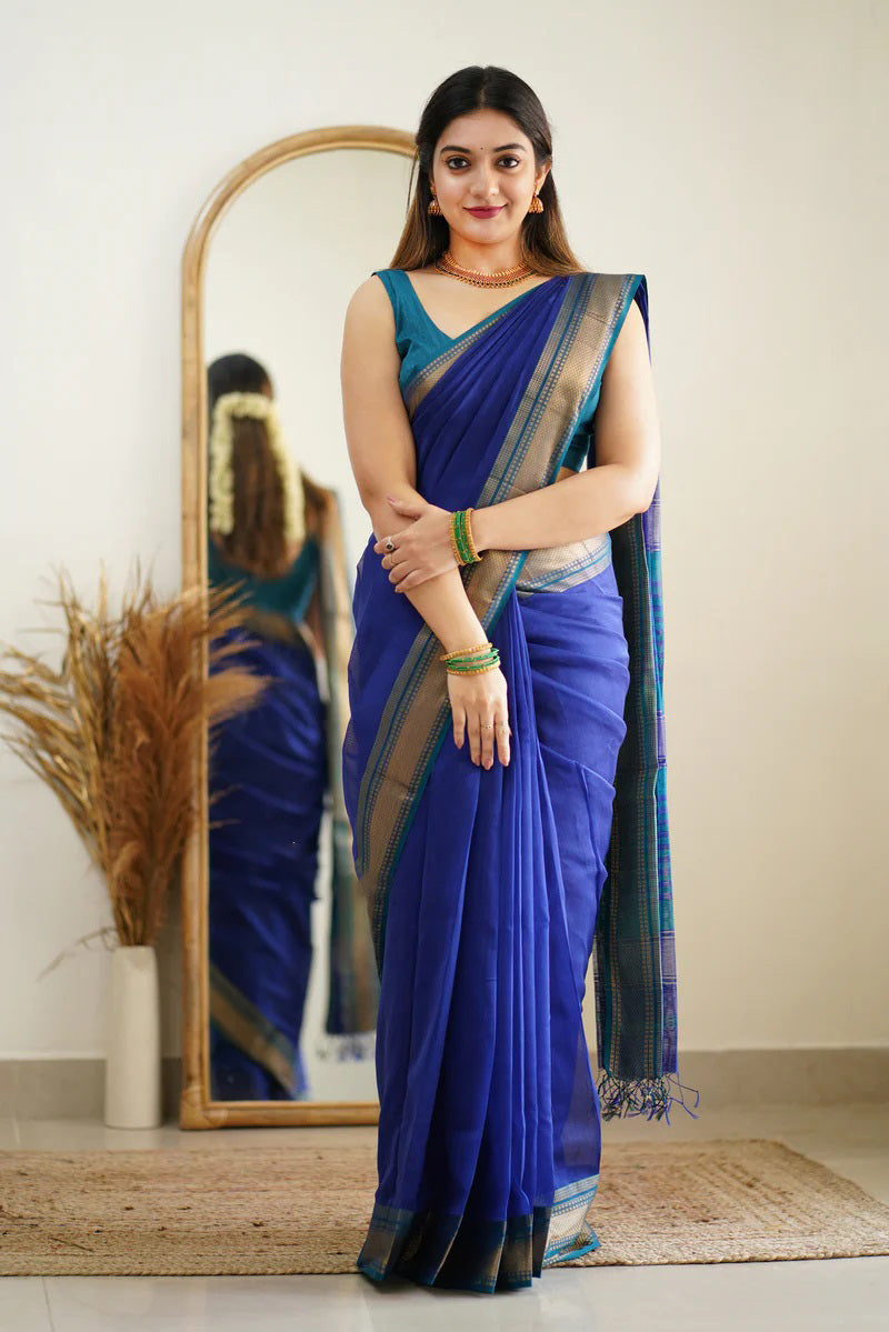 Embrocation Blue Cotton Silk Saree With Ratatouille Blouse Piece