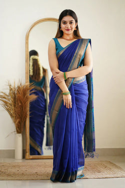Embrocation Blue Cotton Silk Saree With Ratatouille Blouse Piece